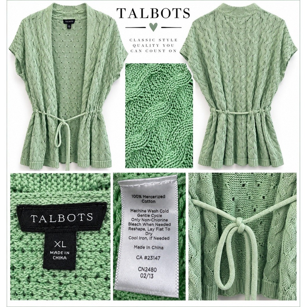Talbots Women's Cardigan Sweater Vest With Drawstring Belt Green Size XL - Picture 2 of 6